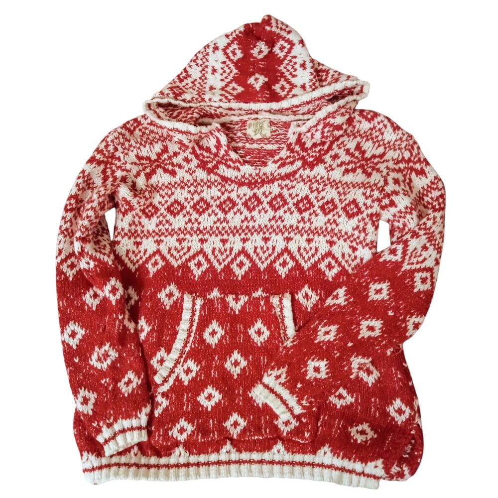 Hippie Rose Fair Isle Hooded Knit Oversized Sweater Cottagecore Front Pouch SZ S